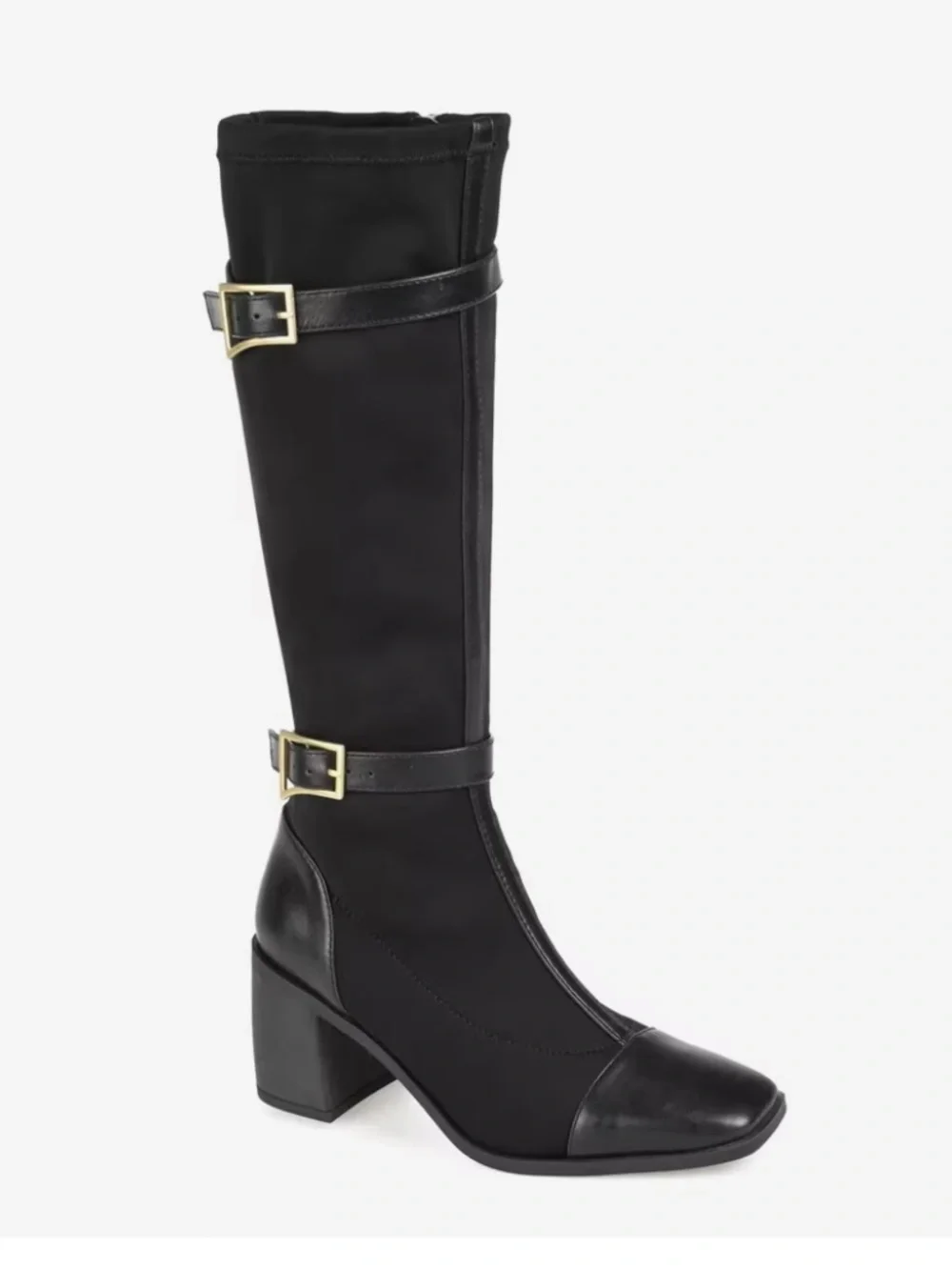 New Journee Collection Black Knee High Buckle Strap Block Heel Boots